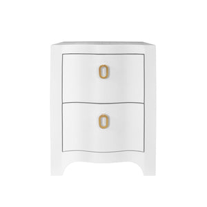 CURVED FRONT SIDE TABLE WITH TWO DRAWERS IN WHITE TEXTURED LINEN WITH SATIN BRASS RING HARDWARE