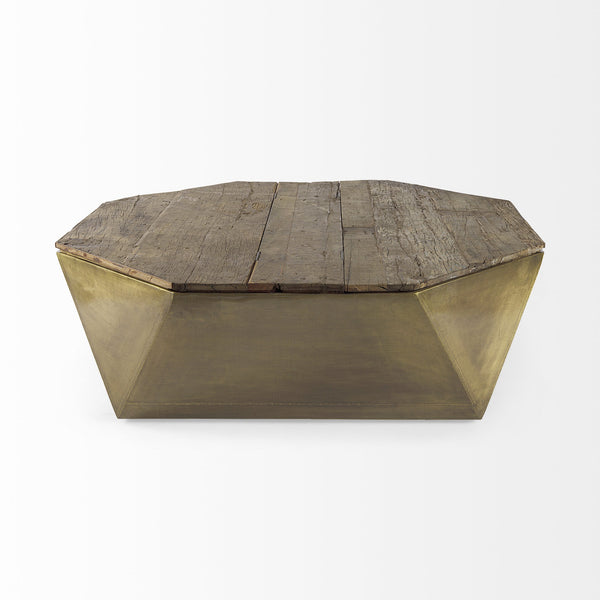 Esagono Octagonal Gold Metal-Clad Reclaimed Wood Coffee Table w/ Storage