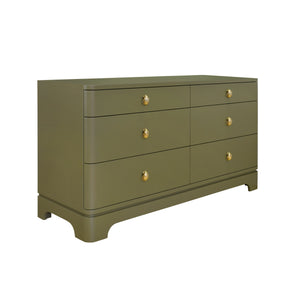 SIX DRAWER ROUNDED EDGE CHEST WITH BRASS BEETLE KNOB IN OLIVE GREEN MATTE LACQUER