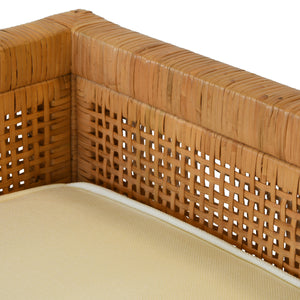 CANE BENCH WITH LOW SEAT BACK AND IVORY LINEN CUSHION
