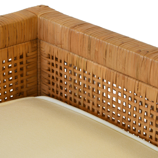 CANE BENCH WITH LOW SEAT BACK AND IVORY LINEN CUSHION
