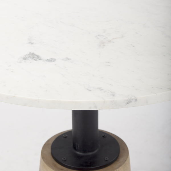 Maxwell 32" Round White Marble Tabletop w/ Blonde Wood & Black Metal Accent Pedestal Bistro Table