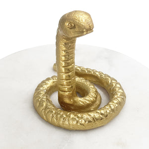 WHITE MARBLE CONTAINER WITH BRASS SNAKE TOP AND BOTTOM BRASS RIM