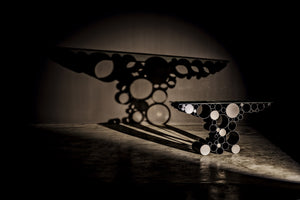 Paradox Console Table in Matte Black Industrial Steel with Glass Top