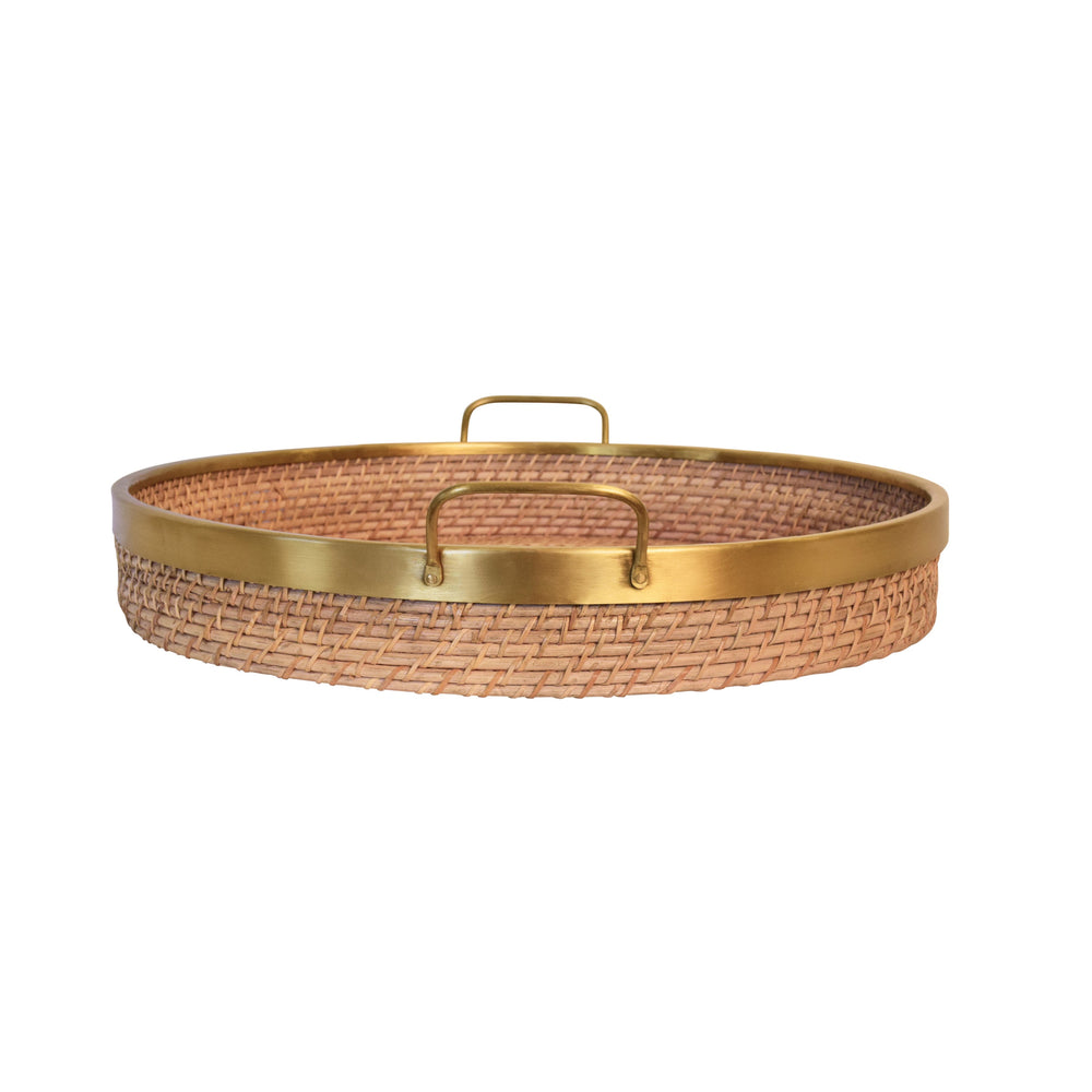ROUND NATURAL RATTAN TRAY WITH BRASS RIM AND HANDLES