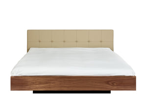 Floating modern King Bed - Tan Upholstery, Wood