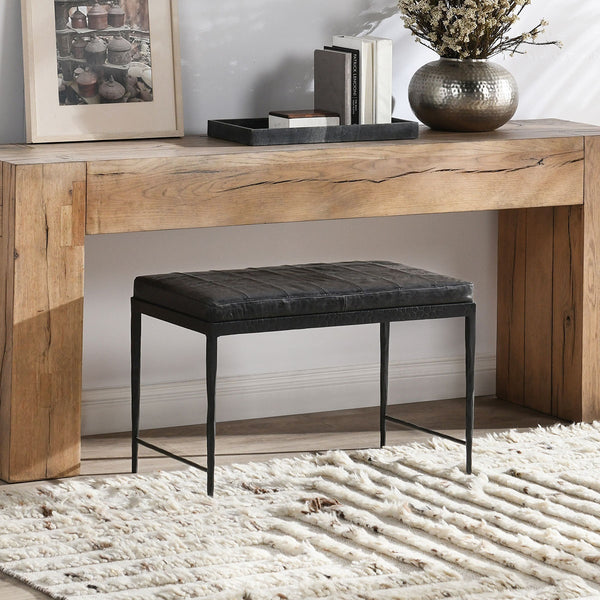 Malo Leather Bench with Hammered Iron Legs - Onyx Black