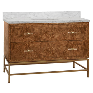 BATH VANITY IN MATTE DARK BURL WOOD AND ANTIQUE BRASS WITH WHITE MARBLE TOP AND PORCELAIN SINK, 48" WIDE