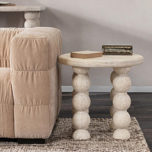 Adir Solid Wood Round End Table with Sphere Legs - White Washed Cream