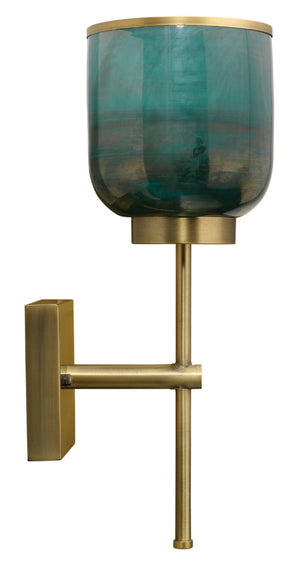 Vapor Single Sconce, Antique Brass and Aqua Metallic Glass