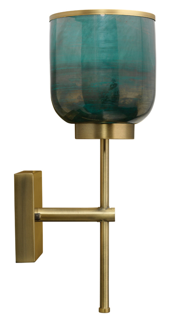 Vapor Single Sconce, Antique Brass and Aqua Metallic Glass