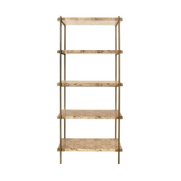 ANTIQUE BRASS ETAGERE WITH SHELVES IN BURL WOOD