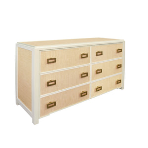 SIX DRAWER CHEST WITH MATTE WHITE LACQUER FRAME AND NATURAL GRASSCLOTH DRAWER FRONTS