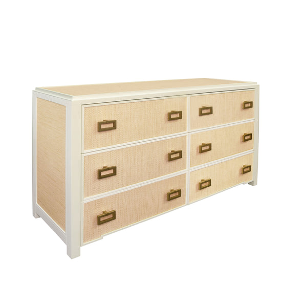 SIX DRAWER CHEST WITH MATTE WHITE LACQUER FRAME AND NATURAL GRASSCLOTH DRAWER FRONTS
