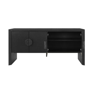FOUR DOOR BUFFET IN BLACK PAINTED GRASSCLOTH WITH BLACK OAK HANDLES