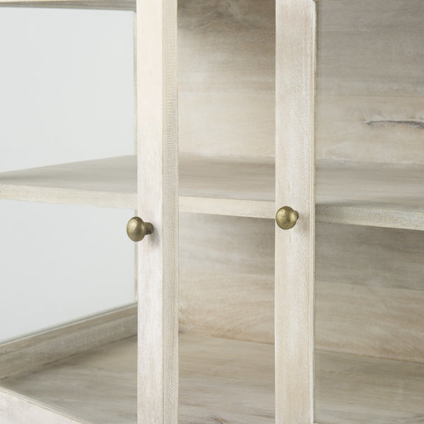 Arelius 36L x 18W x 32H White Wood, Gold Metal Base w/ 2 Glass Doors Accent Cabinet