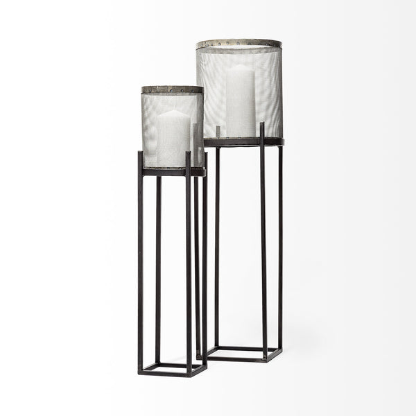 Steen Set of Two Black Meshed Metal Candle Holder Lanterns