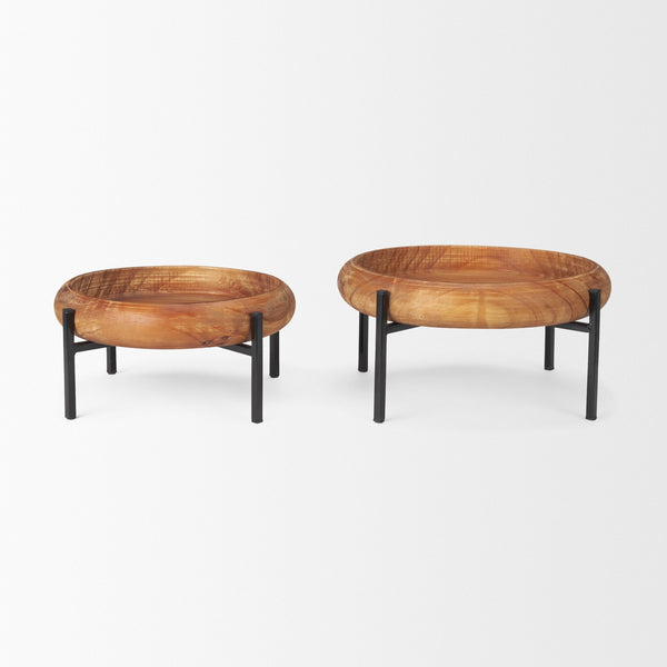 Wally Round Medium Brown Wood w/ Matte Black Metal Stand Trays