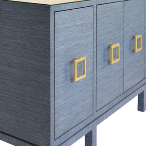 FOUR DOOR BUFFET WITH LARGE BRASS SQUARE HARDWARE IN BLUE DYED GRASSCLOTH