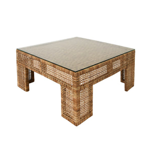 WIDE LEG RATTAN COFFEE TABLE WITH GLASS TOP