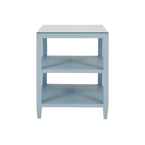 THREE TIER SQUARE SIDE TABLE IN TEXTURED LIGHT BLUE LINEN