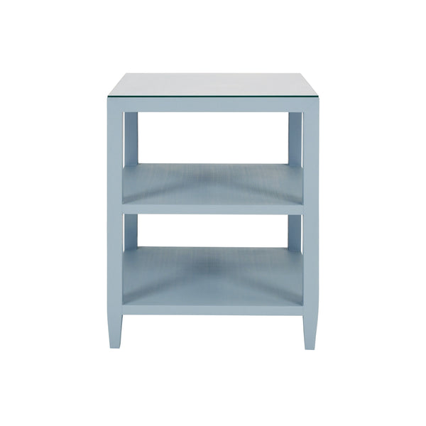 THREE TIER SQUARE SIDE TABLE IN TEXTURED LIGHT BLUE LINEN