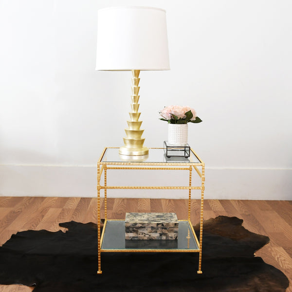 TWO TIER SQUARE TABLE WITH GLASS TOP IN HAMMERED GOLD LEAF