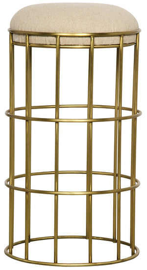 Ryley Industrial Steel Counter Stool in Antique Brass with Light Linen Cushion