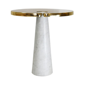 OVAL SIDE TABLE WITH BRASS TOP AND WHITE MARBLE PEDESTAL BASE
