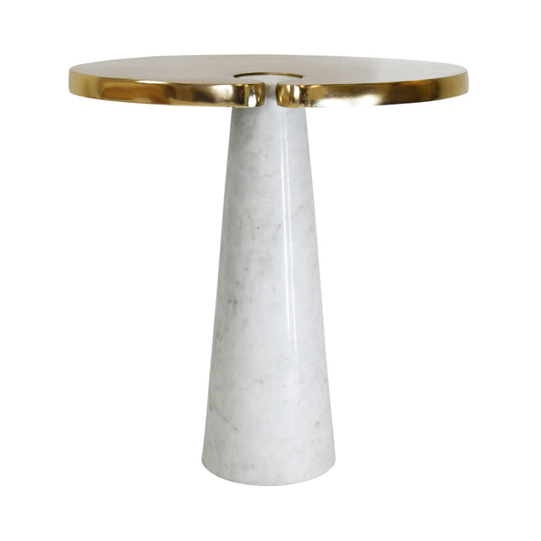 OVAL SIDE TABLE WITH BRASS TOP AND WHITE MARBLE PEDESTAL BASE