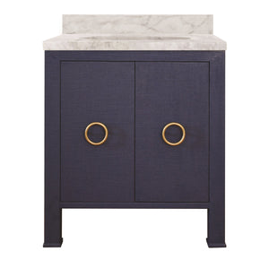 BATH VANITY IN TEXTURED NAVY LINEN W/ ANT. BRASS HARDWARE, WHITE MARBLE TOP, AND PORCELAIN SINK