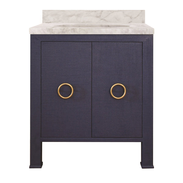 BATH VANITY IN TEXTURED NAVY LINEN W/ ANT. BRASS HARDWARE, WHITE MARBLE TOP, AND PORCELAIN SINK