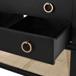 BATH VANITY IN MATTE BLACK LACQUER WITH OPEN CANE SHELF, WHITE MARBLE TOP, PORCELAIN SINK, AND ANTIQUE BRASS RING HARDWARE
