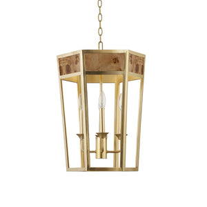 4-LIGHT HEXAGON PENDANT WITH GOLD METAL FRAME AND INSET BURL WOOD