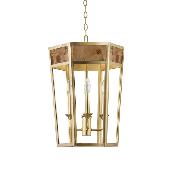4-LIGHT HEXAGON PENDANT WITH GOLD METAL FRAME AND INSET BURL WOOD