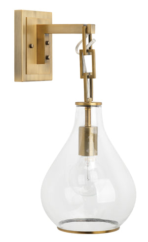 Tear Drop Hanging Wall Sconce, Clear Glass and Antique Brass