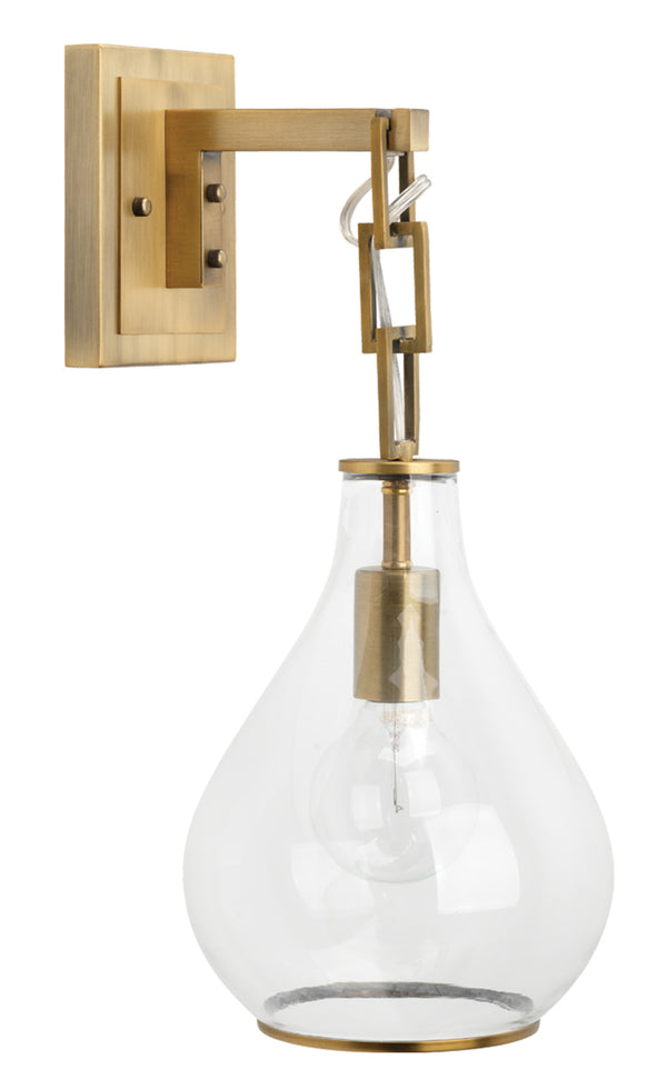 Tear Drop Hanging Wall Sconce, Clear Glass and Antique Brass