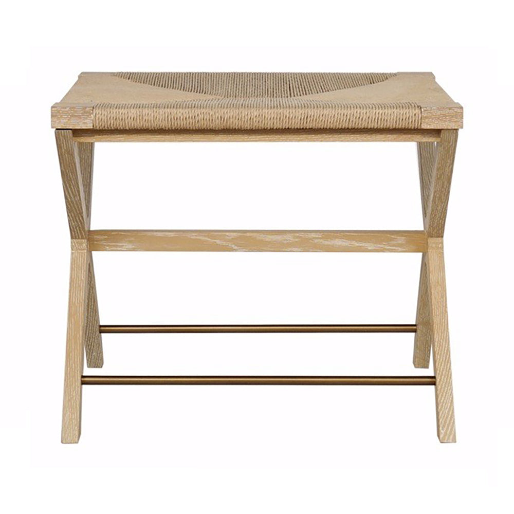 RUSH SEAT X SIDE STOOL WITH ANTIQUE BRASS STRETCHER IN CERUSED OAK