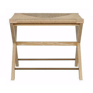 RUSH SEAT X SIDE STOOL WITH ANTIQUE BRASS STRETCHER IN CERUSED OAK