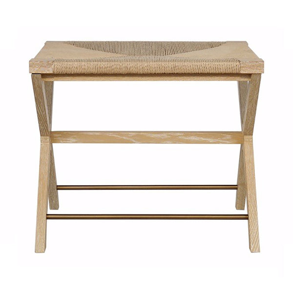 RUSH SEAT X SIDE STOOL WITH ANTIQUE BRASS STRETCHER IN CERUSED OAK