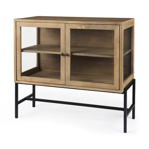 Arelius 36L x 18W x 32H Light Brown Wood, Black Metal Base w/ 2 Glass Doors Accent Cabinet