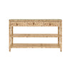 THREE DRAWER CONSOLE WITH TWO OPEN SHELVES IN BURL WOOD WITH POLISHED BRASS KNOBS