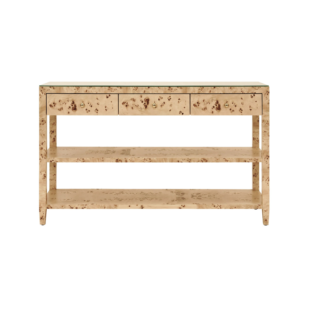 THREE DRAWER CONSOLE WITH TWO OPEN SHELVES IN BURL WOOD WITH POLISHED BRASS KNOBS