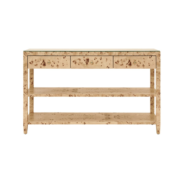 THREE DRAWER CONSOLE WITH TWO OPEN SHELVES IN BURL WOOD WITH POLISHED BRASS KNOBS