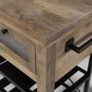 Stuart I Brown Solid Wood Top Two-Tier Black Metal Rolling Kitchen Island