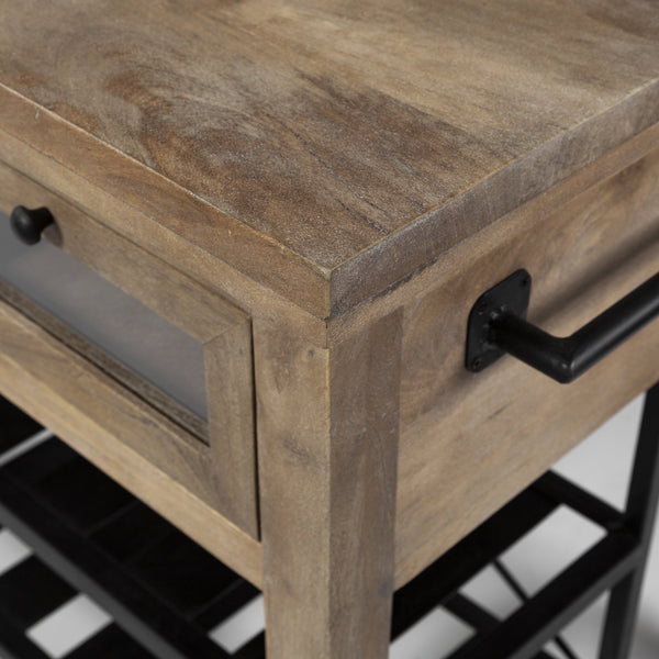 Stuart I Brown Solid Wood Top Two-Tier Black Metal Rolling Kitchen Island