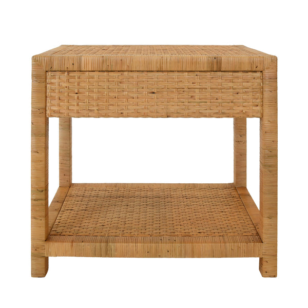 ONE DRAWER END TABLE IN RATTAN WITH BRUSHED BRASS CUP PULL