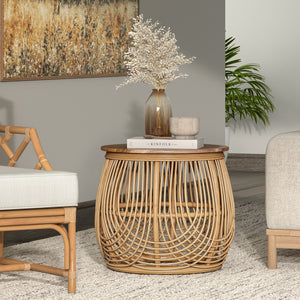 Arlo Rattan Side/ End Table w/ Wood Top, Honey