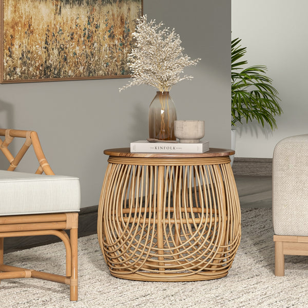 Arlo Rattan Side/ End Table w/ Wood Top, Honey