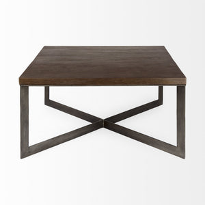 Faye 34L x 34W x 17H Medium Brown Wood W/Antique Nickel Metal Base Square Coffee Table
